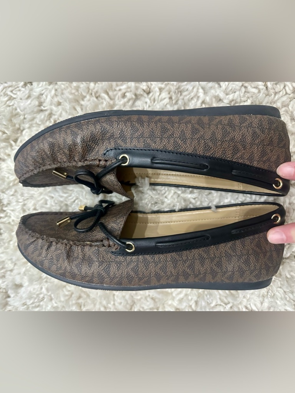 Michael Kors Sutton Brown Monogram Logo Moccasin Loafers with Black Trim 8.5 - Picture 3 of 10